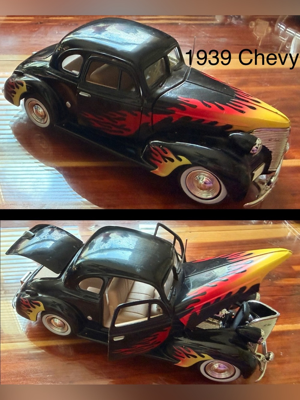 Black and Red Flame 1939 Chevy Diecast Toy Car